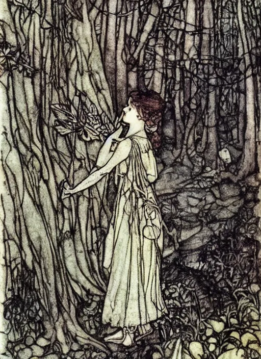 Image similar to fairy girl in forest, arthur rackham