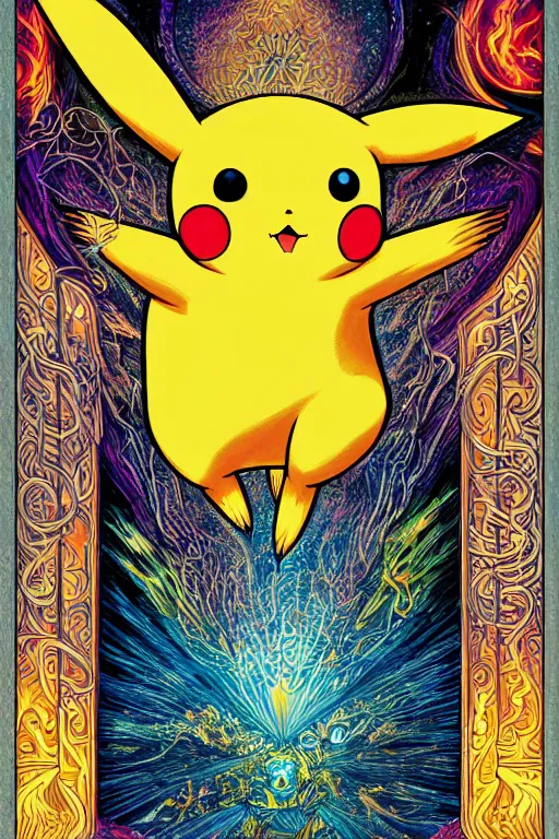 Image similar to beautiful tarot card of pikachu by dan mumford and carol bak and alex grey, oil on canvas, intricate, symmetrical, portrait, 8k highly professionally detailed, HDR, CGsociety