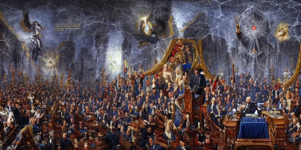 Prompt: emanuel macron hacking his way to illuminati council, freemason, epic, esoteric, matte painting, ultra detailled