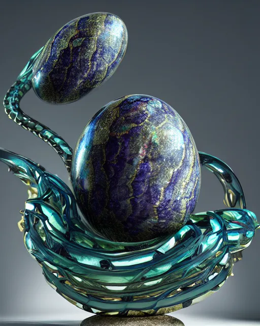 Prompt: a photo of a sculpture of a snake from blue and emerald and amethyst crystal geode formations encircling a marble egg on a base of obsidian made with liquid gold tendrils by ellen jewett by stanisław szukalski, octane render, recursive, tendrils, elestial crystals, geode, refracted light