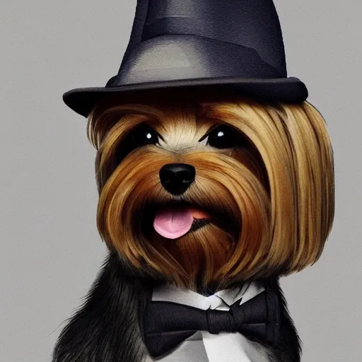 Prompt: portrait of a cute yorkshire terrier detective wearing a fedora, a royal family in the forest, hyperrealistic, extremely detailed, award-winning art, trending on Artstation