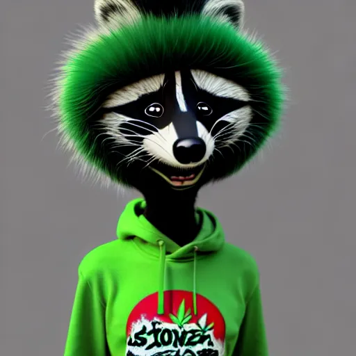 Image similar to a relaxed stoner with a black hoodie on with a marijuana themed dark green raccoon head from dr seuss, 3 d, blender 3 d, render, extremely detailed, 8 k, detailed fur