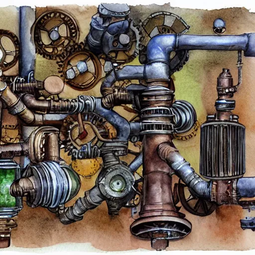 Prompt: steampunk scene of pipes valves watercolor