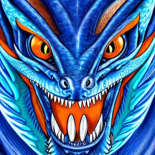 Image similar to highly detailed portrait of a blue dragon with a white lower jaw and orange eyes