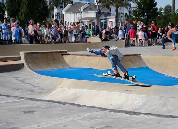 Prompt: a fish is skating on a skateboard in a half pipe