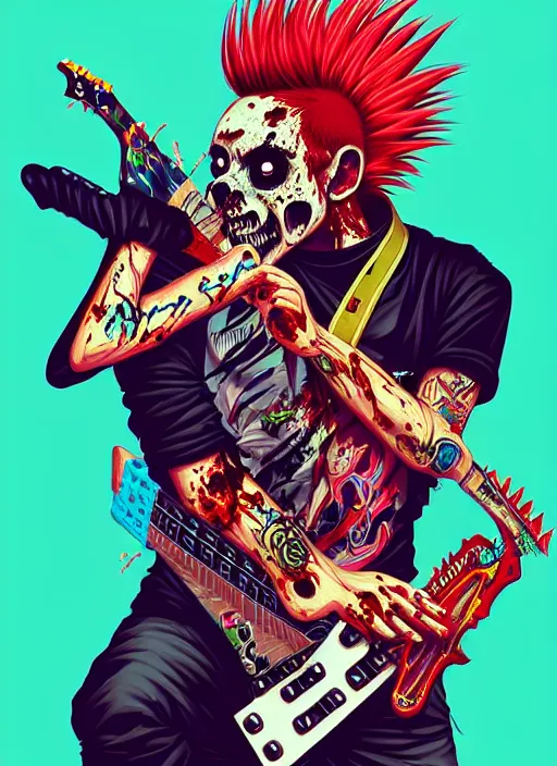 Image similar to a zombie punk rocker with a mohawk holding an electric guitar, tristan eaton, victo ngai, artgerm, rhads, ross draws