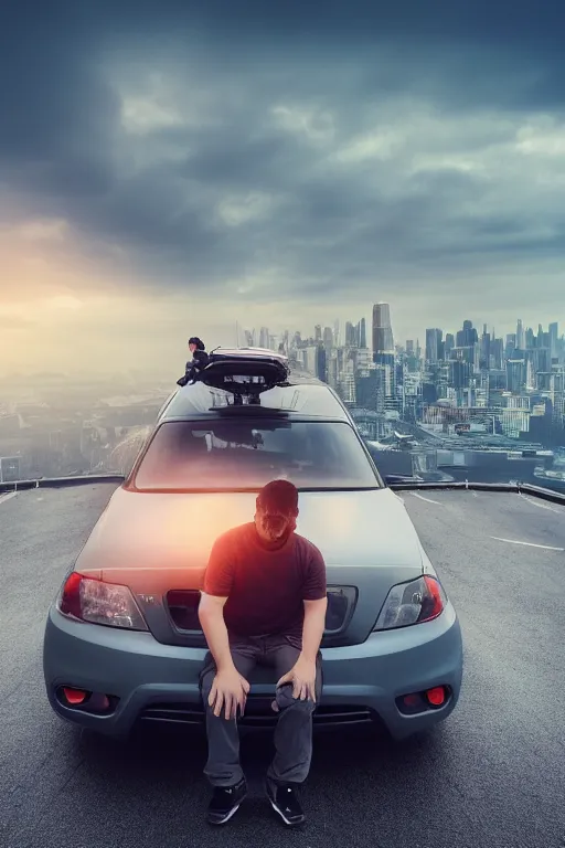 Image similar to Photo of a man sitting on the car roof in the heavy in front of the city that sank, hyper realistic, outdoor lighting, dynamic lighting, volumetric, wide angle, anamorphic lens, go pro, 4k