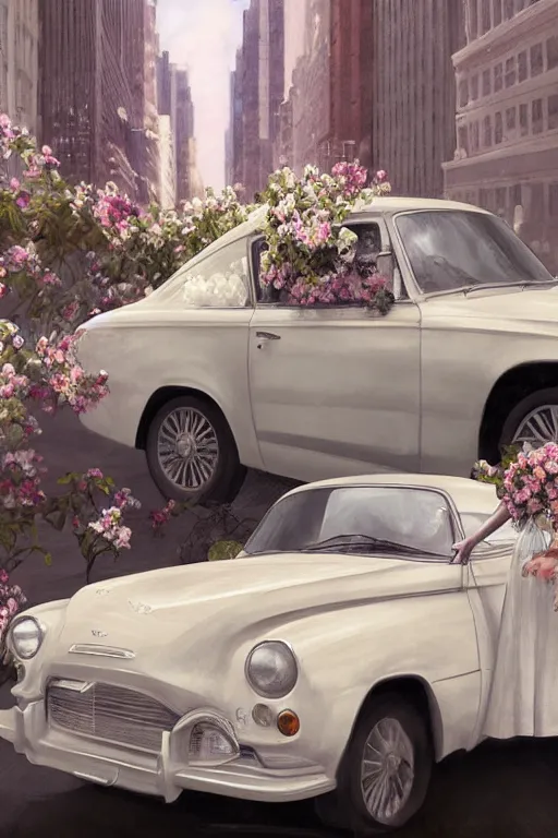 Image similar to ultra realistic illustration, old white vintage car in the new york city with flowers blooming out the window, side view, elegant, highly detailed, digital painting, concept art, smooth, sharp focus, illustration, art by artgerm and greg rutkowski and alphonse mucha