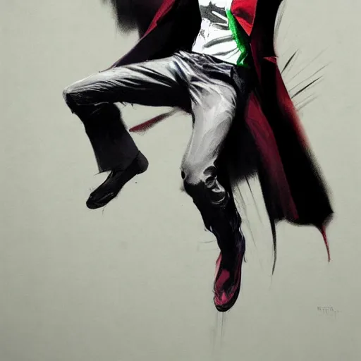 Image similar to joker sketch, full body, dynamic pose, painted by greg rutkowski
