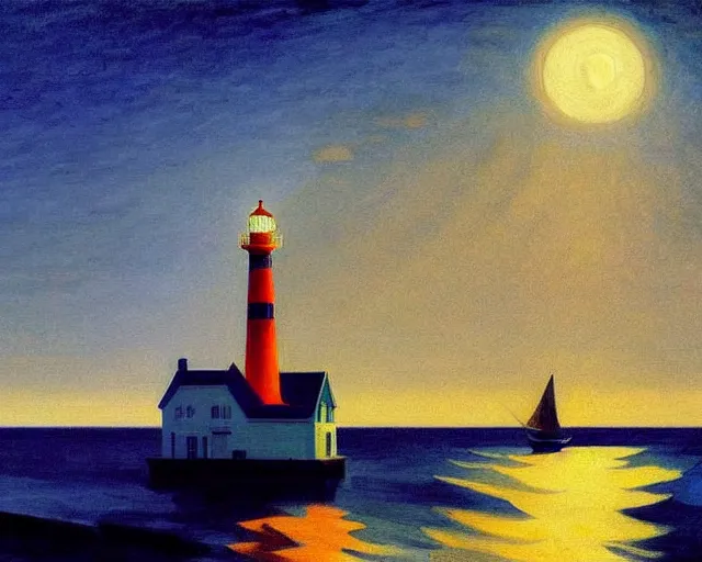 Prompt: a stunning maritime painting of a sailing ship, a lighthouse, the moon, a small house with the lights on, by edward hopper, award winning art, moody lighting