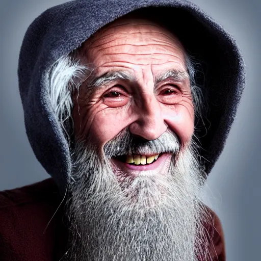 Prompt: an old druid wizard, bald, bushy grey eyebrows, long grey hair, disheveled, wise old man, wearing a grey wizard hat, wearing a purple detailed coat, a bushy grey beard, sorcerer, he is a mad old man, laughing and yelling