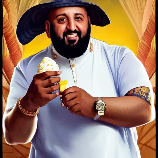 Image similar to portrait of DJ Khaled with a dumb smile holding ice cream cone with large scoop of ice cream as a Grand Theft Auto Cover, elegant, intricate, headshot, highly detailed, digital painting, artstation, concept art, sharp focus, illustration, art by artgerm and greg rutkowski and alphonse mucha