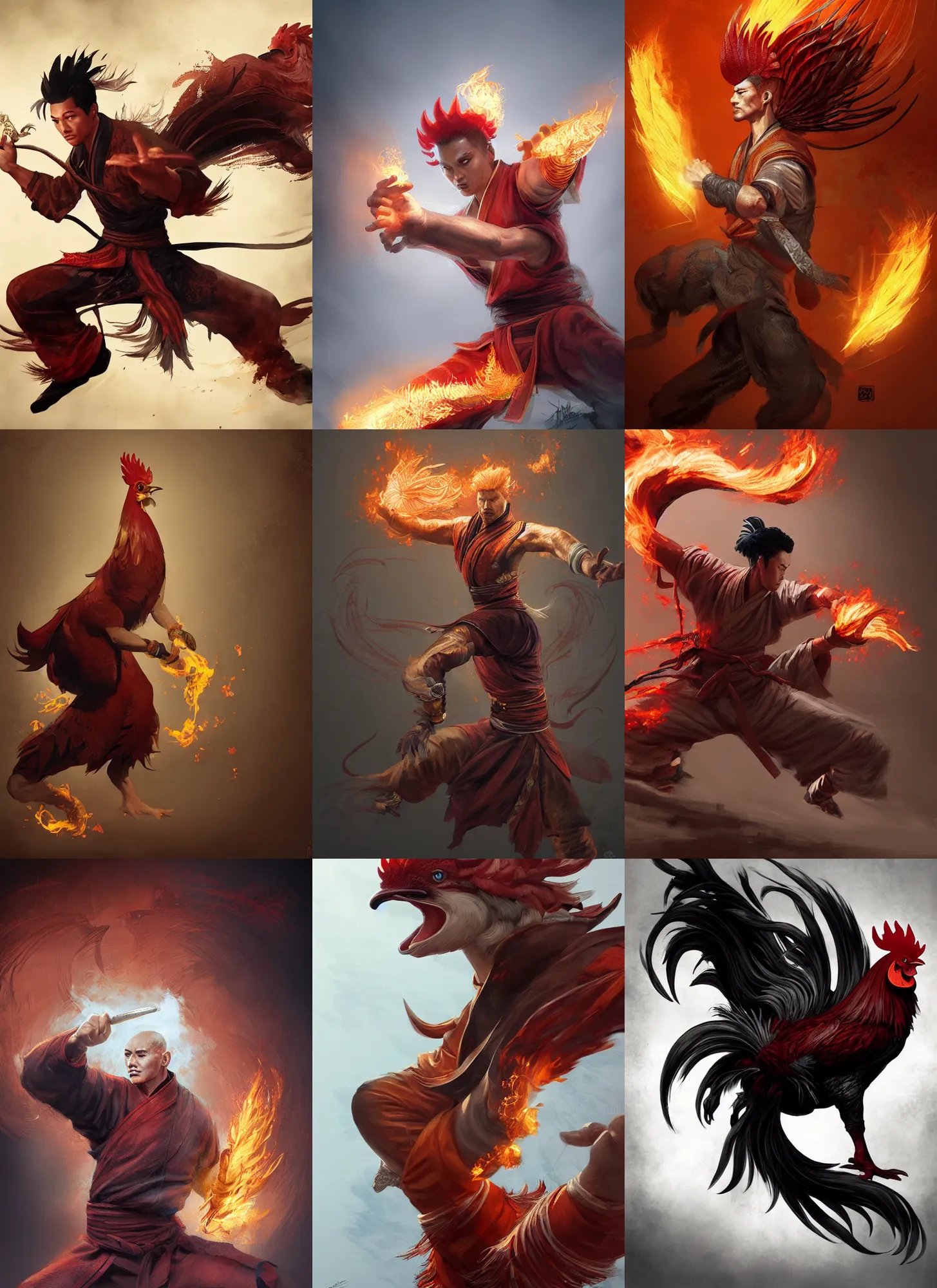 Prompt: rooster firebender master of kung - fu, full shot, intricate, elegant, highly detailed, digital painting, artstation, concept art, sharp focus, illustration, aleksi briclot, rutkowski