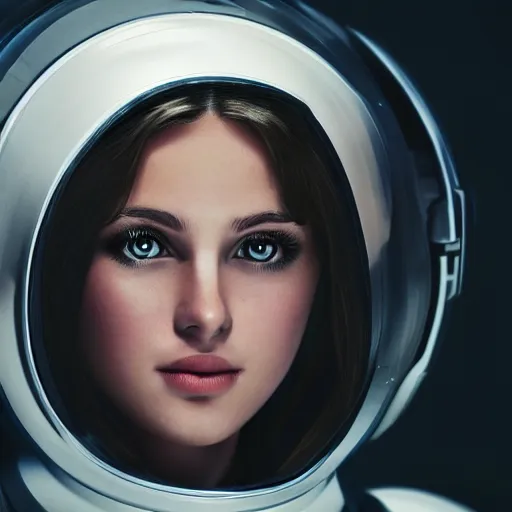 Prompt: portrait photograph of an extremely beautiful!!!! young female, symmetric face!, symmetric round detailed eyes!!, slight smile, natural light, wearing a spacesuit!! in a spaceship. looking at the camera!!. super resolution. extremely detailed. graflex camera!, bokeh!!!!! trending on artstation.