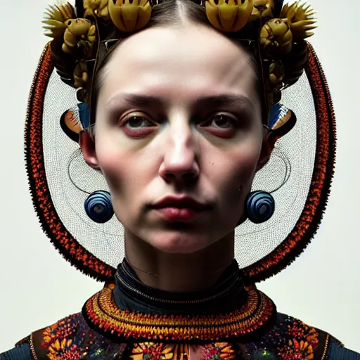 Image similar to Colour Caravaggio style Photography of Highly detailed beautiful Woman with 1000 years detailed face and wearing detailed Ukrainian folk costume designed by Taras Shevchenko also wearing highly detailed retrofuturistic sci-fi Neural interface designed by Josan Gonzalez. Many details In style of Josan Gonzalez and Mike Winkelmann and andgreg rutkowski and alphonse muchaand and Caspar David Friedrich and Stephen Hickman and James Gurney and Hiromasa Ogura. Rendered in Blender and Octane Render volumetric natural light