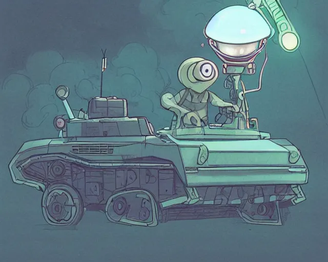 Image similar to a study of cell shaded cartoon of a chibi alien driving a tank on a country road, street lamps, road, illustration, wide shot, subtle colors, post grunge, concept art by josan gonzales and wlop, by james jean, victo ngai, highly detailed, sharp focus, trending on artstation, hq, deviantart, art by artgem