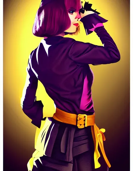 Image similar to smart female pirate captain 2 6 years old, bob haircut, fully clothed, wise, beautiful, portrait by stanley artgerm, dramatic lighting, trending on artstation, flat colour, geometric curves, gradient filter, red and purple and yellow back light, art deco pattern, sharp focus