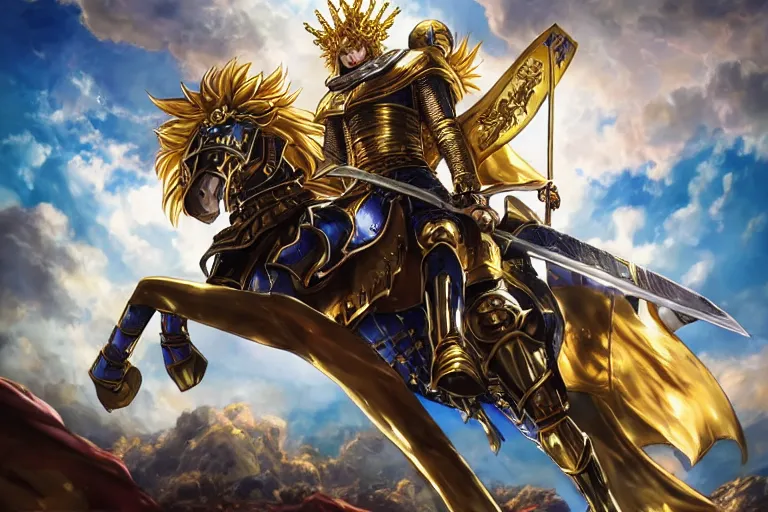 Image similar to an ultra detailed portrait of king richard the lionhearted as a paladin shonen anime protagonist charging into battle wearing bright gold armor and riding a horse blessed by god, epic anime fantasy, 8 k, volumetric lighting, smooth, highly detailed, digital illustration, art by kentaro miura and akira toriyama and artgerm