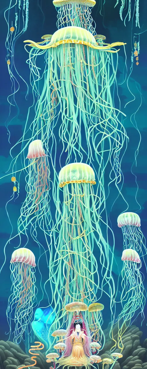 Image similar to A painting of priestesses worshipping at the jellyfish temple, shrouded in mist, jellyfish god, jellyfish priestess, jellyfish shrine maiden, 8K, illustration, art by Kyuyong Eom and Rui Li and Seunghee Lee and xi zhang, smoke, undersea temple with fish, cinematic, insanely detailed and intricate, hypermaximalist, elegant, super detailed, award-winning, fuschia and vermillion and cyan, rainbow accents, mysterious, ancient, ritual, trending in cgsociety, artstation HQ, ornate, elite, haunting, matte painting, beautiful detailed, insanely intricate details, dreamy and ethereal, otherworldly