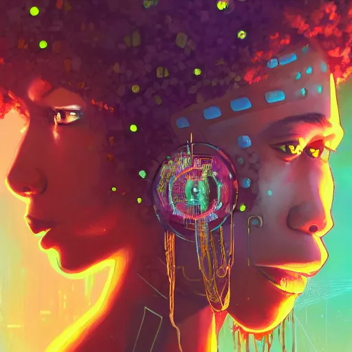 Image similar to afro - cyberpunk deities unseen amongst their creations, a society manifesting dreams with cosmic ancestral magic in a post - modern techno world | hyperrealistic oil painting | by makoto shinkai, ilya kuvshinov, lois van baarle, rossdraws, basquiat | afrofuturism, in the style of surrealism, trending on artstation | dark color scheme