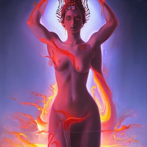 Prompt: A beautiful painting of a female divine being with flames as her body by Jim Burns, 8K, ultra-detailed , Trending on artstation.