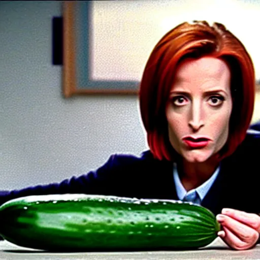 Prompt: agent scully crouching to examine a suspicious cucumber on a dark city street, wide shot, still from a tv show 9 0 s