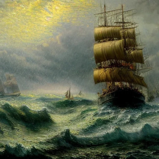 Image similar to realistic detailled matte painting of a gigantic golden metallic shining water snake with hundred tentacles coming out of the ocean, fighting a heavy burning pirate ship firing back with canons, in the middle of a heavy rain storm, impressionism, by andreas achenbach, anton otto fischer, andreas rocha, 8 k, dynamic lighting, vivid colors