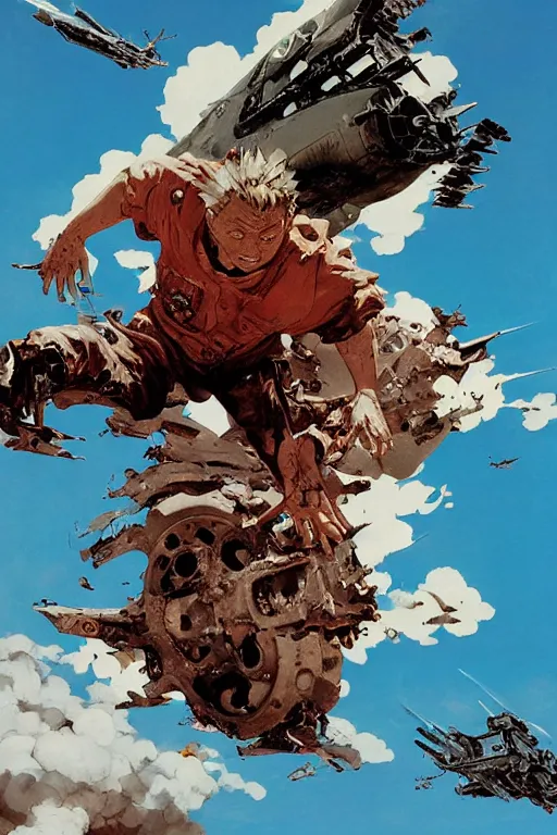 Image similar to full page illustration, tetsuo rips apart a russian jet fighter, blue sky, fish eye lens, Katsuhiro Otomo, Phil hale, Ashley wood, Ilya repin, frank frazetta, 8k, hd, high resolution print