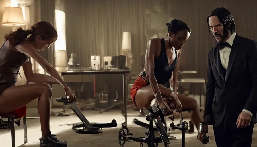 Image similar to Film Noir, John Wick, Inherent Vice, Olivia Pope, Olympics footage, female Sprinter athletes recovering from a race, tuning their mechanical legs with mechanics helping, intense moment, cinematic stillframe, dramatic lighting, The fifth element, vintage robotics, formula 1, starring Geena Davis