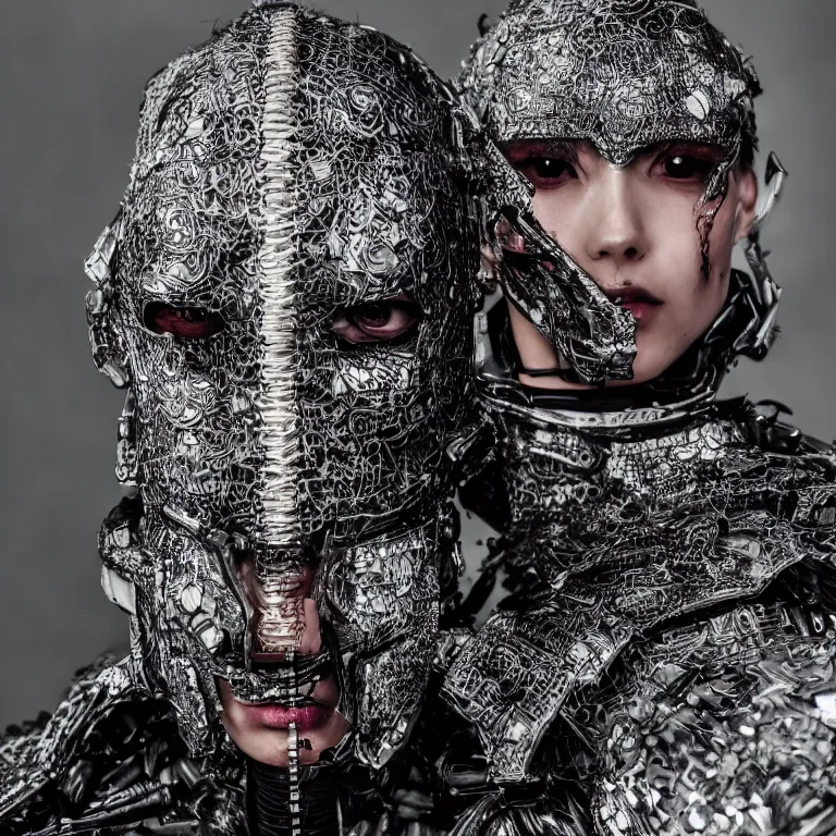 Image similar to face portrait avantgarde fashion spinal exoskeleton armor people from future tokyo fashion photography, artistic photography, beautiful hypebeast 8K intricate detailed fashion promo