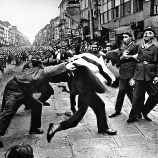 Prompt: a group of Rabbis kicking the crap out of Hitler as he lies in the street