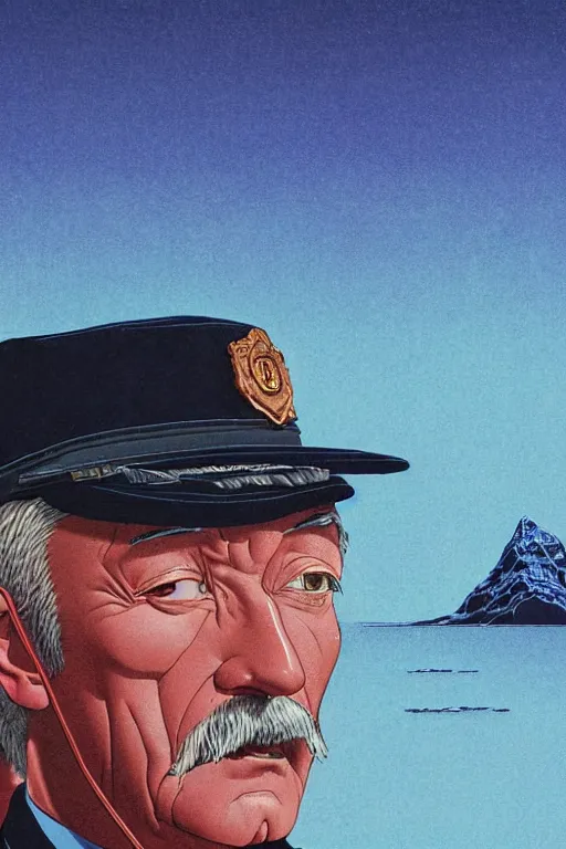 Image similar to a closeup portrait of an old policeman taking mind altering drugs, a blotter paper of lsd acid and dreaming psychedelic hallucinations in the vast icy landscape of antarctica, by kawase hasui, moebius, edward hopper, colorful flat surreal design, hd, 8 k, artstation