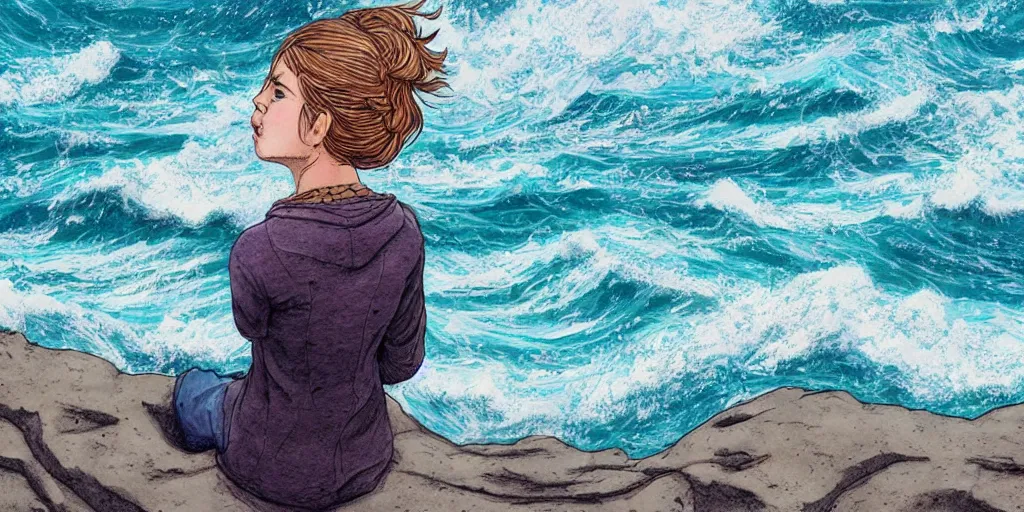 Prompt: girl looking at the ocean waves, superwide angle, intricate, highly detailed, illustration, art by Leon Bosko