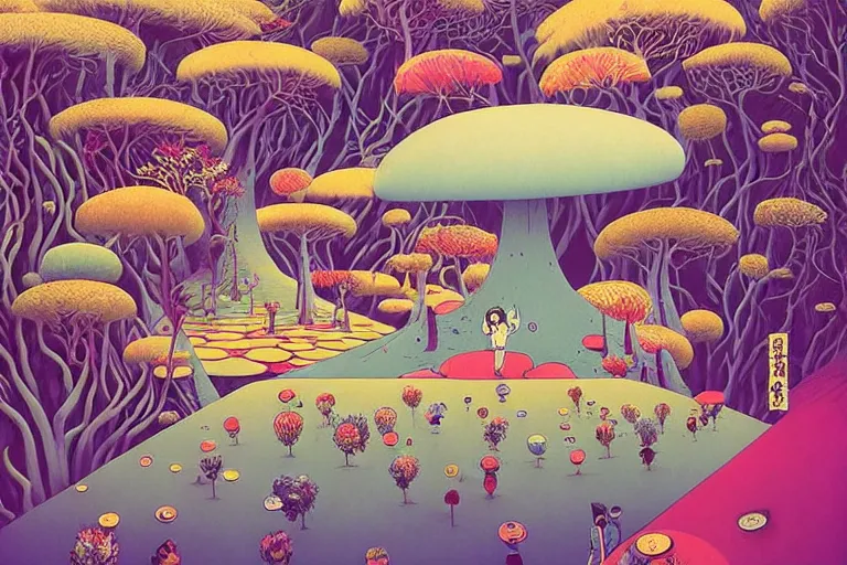 Prompt: surreal glimpse into other universe, inside a marshmallow forest in an ice cream valley, summer morning, very coherent and colorful high contrast, art by!!!! gediminas pranckevicius!!!!, geof darrow, floralpunk ukiyo - e woodblock, dark shadows, hard lighting