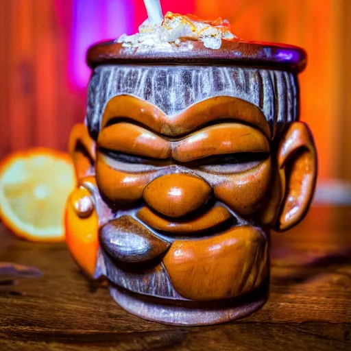 Image similar to a closeup photorealistic photograph of an orange garfield style tiki mug at a trader vic's bar with garfield's face on the front. tiki party. bright scene. fine detail. this 4 k hd image is trending on artstation, featured on behance, well - rendered, extra crisp, features intricate detail, epic composition and the style of unreal engine.