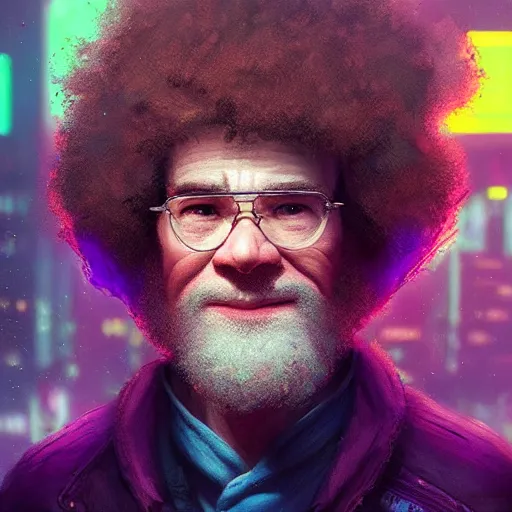 Prompt: disgusting portrait of a bob ross, art by wlop and artgerm and liam wong, cyberpunk, neon, intricate details, trending on artstation, sharp focus, caustics, octane render, radiant light, 4 k