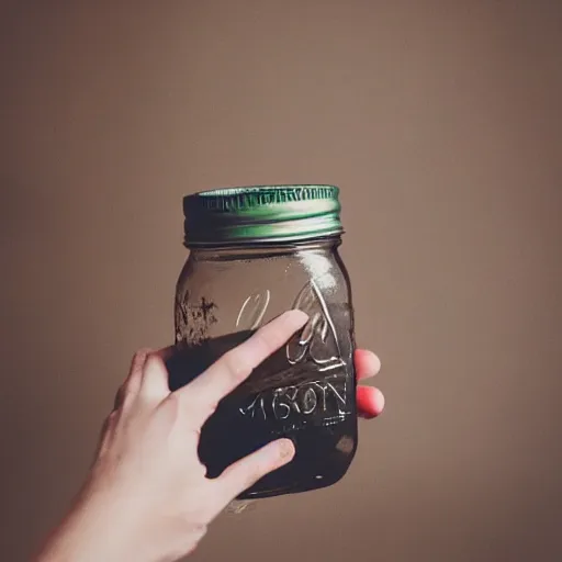 Prompt: mason jar with hand inside wide angle