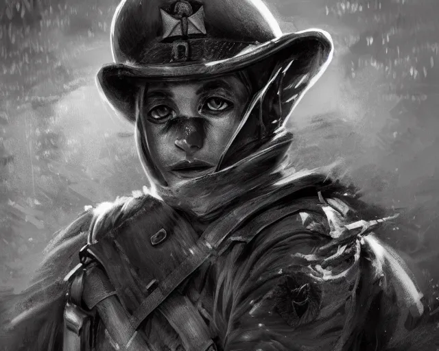 Prompt: A cat wearing soldier uniform in a world war 1 trench, close-up, black and white, amazing digital art, hyper detailed, artstation, in the style of Tony Sart