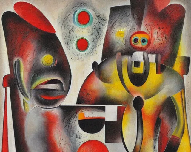 Prompt: Oil painting by Roberto Matta. Two mechanical gods with animal faces having a conversation. Oil painting by Yoshitomo Nara.