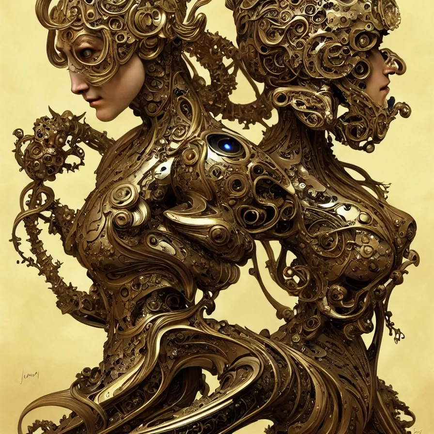 Prompt: organic cyborg, european rococo style metal carving, diffuse lighting, fantasy, intricate, elegant, highly detailed, lifelike, photorealistic, digital painting, artstation, illustration, concept art, smooth, sharp focus, art by john collier and albert aublet and krenz cushart and artem demura and alphonse mucha