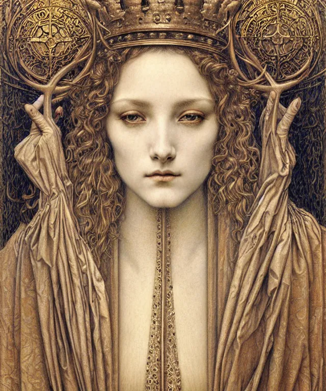 Image similar to detailed realistic beautiful young medieval queen face portrait by jean delville, gustave dore and marco mazzoni, art nouveau, symbolist, visionary, gothic, pre - raphaelite. horizontal symmetry