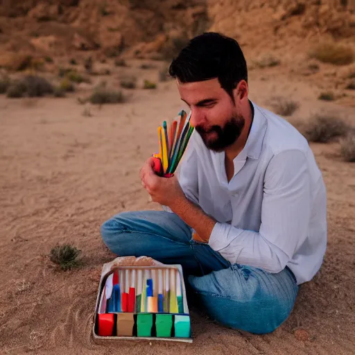 Image similar to portrait of a man in cameo sitting in the desert eating some delicious crayons, beautiful composition, 5 0 mm f 1. 8, ambient light