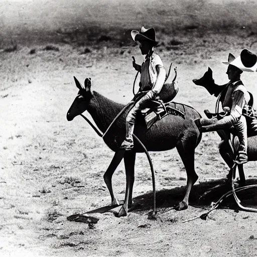 Prompt: kangaroo and wallaby cowboys, riding into a small town on horses, 1 8 6 0 s, photo