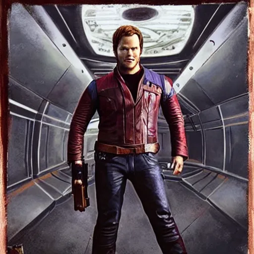 Image similar to the actor chris pratt as star lord posing with the doll chucky from the movie child's play, inside a starship, oil painting, by greg rutkowski