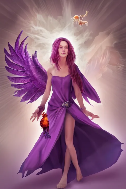 Prompt: Young beautiful short woman in purple witch robes with a small pet phoenix on her shoulder, full body shot, digital art, detailed render