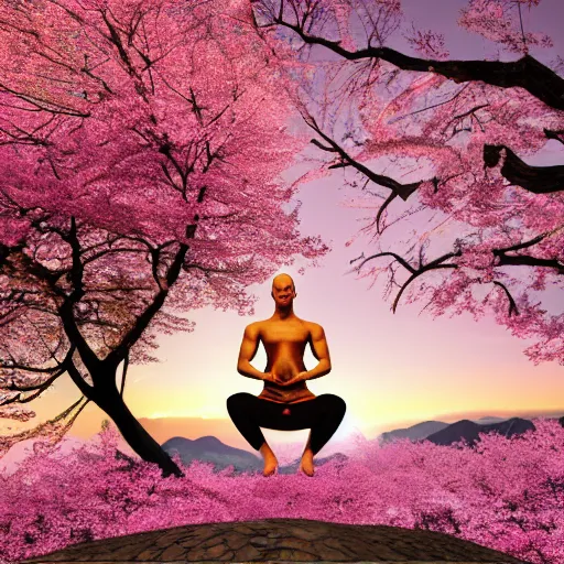 Prompt: a monk practicing yoga in front of a tibetean monastery on top of a mountain, under a cherry blossom tree, steampunk, detailed digital art