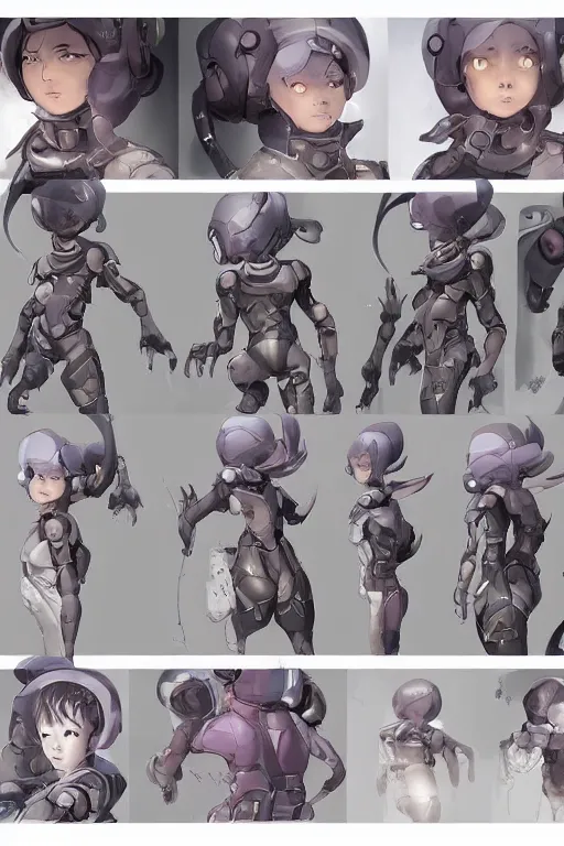 Prompt: the cute cyborg mother, character concept, character reference sheet, front and side views, by Makoto Shinkai, Stanley Artgerm Lau, WLOP, Rossdraws, James Jean, Andrei Riabovitchev, Marc Simonetti, krenz cushart, Sakimichan, trending on ArtStation, digital art, character design, lou romano color scheme