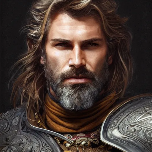 Prompt: portrait of a ruggedly handsome paladin, soft hair, muscular, half body, masculine, mature, leather, hairy, d & d, fantasy, intricate, elegant, highly detailed, digital painting, artstation, concept art, smooth, sharp focus, illustration, art by artgerm and greg rutkowski and alphonse mucha
