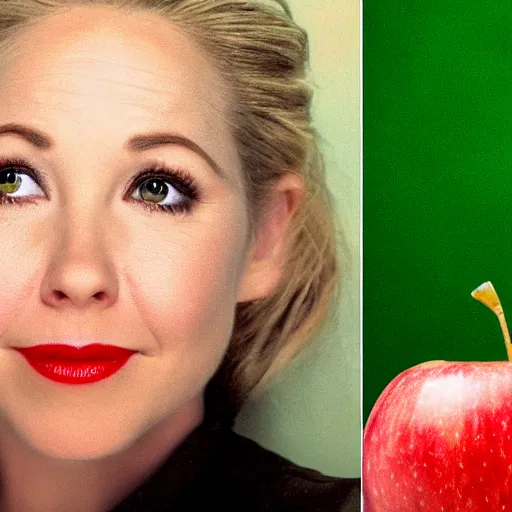 Image similar to an apple with a face, and the face is of christina applegate