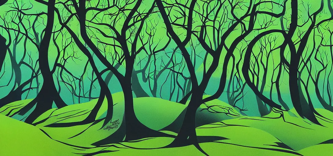 Prompt: a forested landscape by eyvind earle